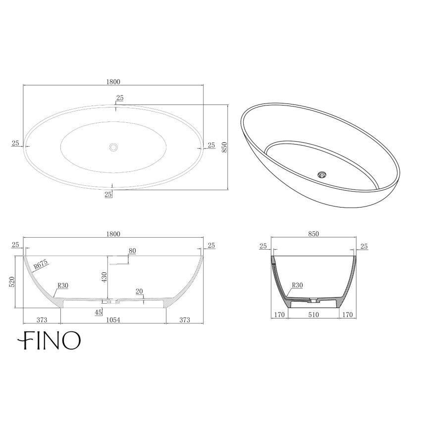 Casares Matt White With Gloss Freestanding Stone Bath 1800mm